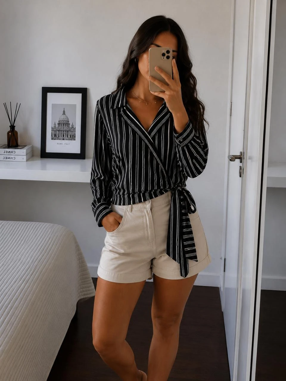 Blouse blanche et noire portefeuille à rayures Jennyfer